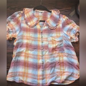 Anthropologie Pilcro Ruffle Collar Plaid Blouse – Size MP (Medium Petite)